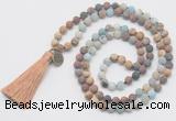 GMN6206 Knotted 8mm, 10mm matte mixed amazonite & jasper 108 beads mala necklace with tassel & charm