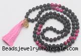 GMN6216 Knotted black lava & red tiger eye 108 beads mala necklace with tassel & charm