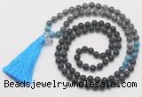 GMN6218 Knotted matte black agate, black labradorite & apatite 108 beads mala necklace with tassel & charm