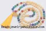 GMN6220 Knotted 7 Chakra honey jade 108 beads mala necklace with tassel & charm