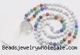 GMN6221 Knotted 7 Chakra white howlite 108 beads mala necklace with tassel & charm