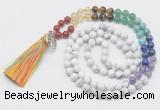 GMN6222 Knotted 7 Chakra white howlite 108 beads mala necklace with tassel & charm