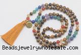 GMN6223 Knotted 7 Chakra yellow tiger eye 108 beads mala necklace with tassel & charm