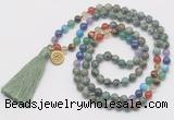 GMN6226 Knotted 7 Chakra African turquoise 108 beads mala necklace with tassel & charm