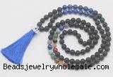 GMN6228 Knotted 7 Chakra black lava & lapis lazuli 108 beads mala necklace with tassel & charm