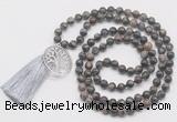 GMN6231 Knotted 8mm, 10mm grey opal 108 beads mala necklace with tassel & charm