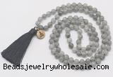 GMN6232 Knotted 8mm, 10mm labradorite 108 beads mala necklace with tassel & charm