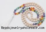 GMN6235 Knotted 7 Chakra 8mm, 10mm white fossil jasper 108 beads mala necklace with tassel