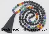 GMN6242 Knotted 7 Chakra 8mm, 10mm black agate 108 beads mala necklace with tassel