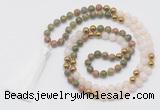 GMN6249 Knotted 8mm, 10mm unakite, white jade & hematite 108 beads mala necklace with tassel