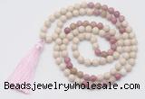 GMN6250 Knotted 8mm, 10mm white fossil jasper & pink wooden jasper 108 beads mala necklace with tassel