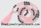 GMN6252 Knotted 8mm, 10mm rose quartz & garnet 108 beads mala necklace with tassel