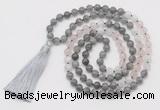 GMN6256 Knotted 8mm, 10mm labradorite, rose quartz & white moonstone 108 beads mala necklace with tassel