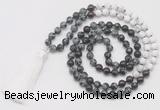 GMN6259 Knotted 8mm, 10mm snowflake obsidian, garnet & matte white howlite 108 beads mala necklace with tassel