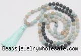 GMN6263 Knotted 8mm, 10mm matte amazonite & black lava 108 beads mala necklace with tassel