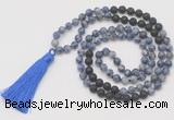 GMN6264 Knotted 8mm, 10mm blue spot stone & black lava 108 beads mala necklace with tassel