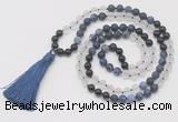 GMN6266 Knotted 8mm, 10mm matte sodalite, white crystal  & black agate 108 beads mala necklace with tassel