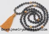 GMN6269 Knotted 8mm, 10mm black lava, smoky quartz & golden tiger eye 108 beads mala necklace with tassel