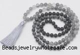 GMN6270 Knotted 8mm, 10mm black lava, black labradorite & cloudy quartz 108 beads mala necklace with tassel