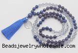 GMN6300 Knotted amethyst, white crystal & lapis lazuli 108 beads mala necklace with tassel & charm