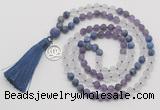 GMN6301 Knotted amethyst, white crystal & lapis lazuli 108 beads mala necklace with tassel & charm