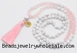 GMN6302 Knotted rose quartz & white howlite 108 beads mala necklace with tassel & charm