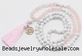 GMN6303 Knotted matte rose quartz & white howlite 108 beads mala necklace with tassel & charm