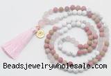 GMN6304 Knotted white howlite, pink jasper & rose quartz 108 beads mala necklace with tassel & charm