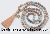 GMN6306 Knotted 8mm, 10mm matte mixed amazonite & jasper 108 beads mala necklace with tassel & charm