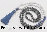 GMN6310 Knotted black labradorite & matte white howlite 108 beads mala necklace with tassel & charm