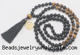 GMN6311 Knotted 8mm, 10mm matte black agate & yellow tiger eye 108 beads mala necklace with tassel & charm