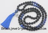 GMN6314 Knotted black lava & lapis lazuli 108 beads mala necklace with tassel & charm