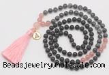 GMN6317 Knotted matte black agate, black labradorite & rose quartz 108 beads mala necklace with tassel & charm