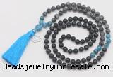 GMN6318 Knotted matte black agate, black labradorite & apatite 108 beads mala necklace with tassel & charm