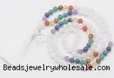 GMN6319 Knotted 7 Chakra white jade 108 beads mala necklace with tassel & charm