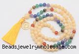 GMN6320 Knotted 7 Chakra honey jade 108 beads mala necklace with tassel & charm