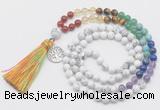 GMN6322 Knotted 7 Chakra white howlite 108 beads mala necklace with tassel & charm