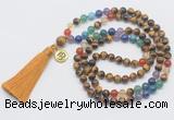 GMN6323 Knotted 7 Chakra yellow tiger eye 108 beads mala necklace with tassel & charm