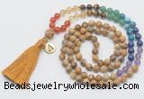 GMN6325 Knotted 7 Chakra picture jasper 108 beads mala necklace with tassel & charm