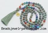 GMN6326 Knotted 7 Chakra African turquoise 108 beads mala necklace with tassel & charm