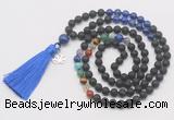 GMN6328 Knotted 7 Chakra black lava & lapis lazuli 108 beads mala necklace with tassel & charm