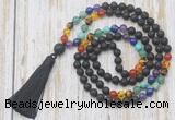 GMN6343 Knotted 7 Chakra 8mm, 10mm black lava 108 beads mala necklace with tassel