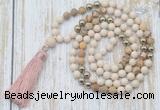 GMN6345 Knotted 8mm, 10mm white fossil jasper & picture jasper 108 beads mala necklace with tassel