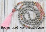 GMN6347 Knotted 8mm, 10mm dalmatian jasper & cherry quartz 108 beads mala necklace with tassel