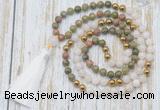 GMN6349 Knotted 8mm, 10mm unakite, white jade & hematite 108 beads mala necklace with tassel