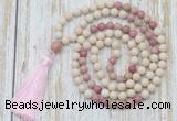 GMN6350 Knotted 8mm, 10mm white fossil jasper & pink wooden jasper 108 beads mala necklace with tassel