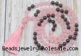 GMN6352 Knotted 8mm, 10mm rose quartz & garnet 108 beads mala necklace with tassel