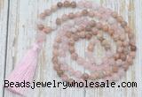 GMN6355 Knotted 8mm, 10mm sunstone, rose quartz & white jade 108 beads mala necklace with tassel