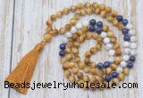 GMN6357 Knotted 8mm, 10mm golden tiger eye, lapis lazuli & matte white howlite 108 beads mala necklace with tassel