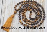 GMN6358 Knotted 8mm, 10mm yellow tiger eye, garnet & smoky quartz 108 beads mala necklace with tassel